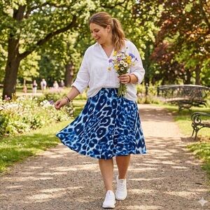 NWT Calvin Klein Blue Cheetah Print Watercolor Flowy A-Line Skirt size 16